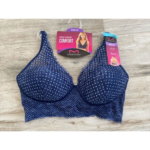 Maidenform 36C Casual Comfort Wireless Convertible Bralette Blue Polka Dot New - Picture 1 of 5